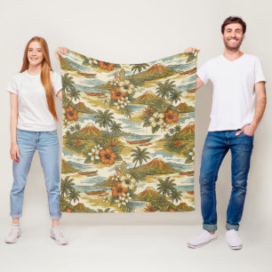 Hibiscus Island Hawaiian Scenic - Guld och Orange Fleecefilt