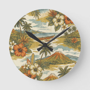 Hibiscus Island Hawaiian Scenic - Guld och Orange Rund Klocka
