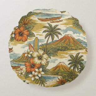 Hibiscus Island Hawaiian Scenic - Guld och Orange Rund Kudde