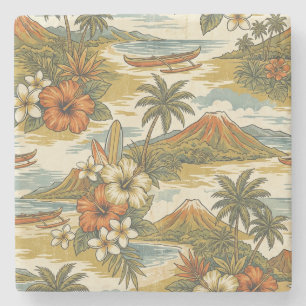 Hibiscus Island Hawaiian Scenic - Guld och Orange Stenunderlägg