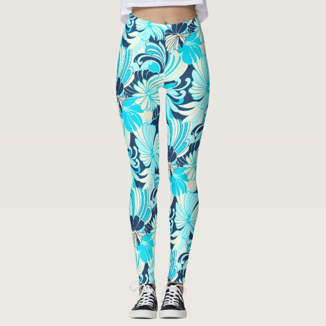 Hibiscus Jungle Hawaiian Tropical Blommigt Aqua Leggings (Framsida)