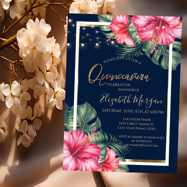 Hibiscus, Ljus, Trä, Ram Quinceanera Inbjudningar (Skapare uppladdad)