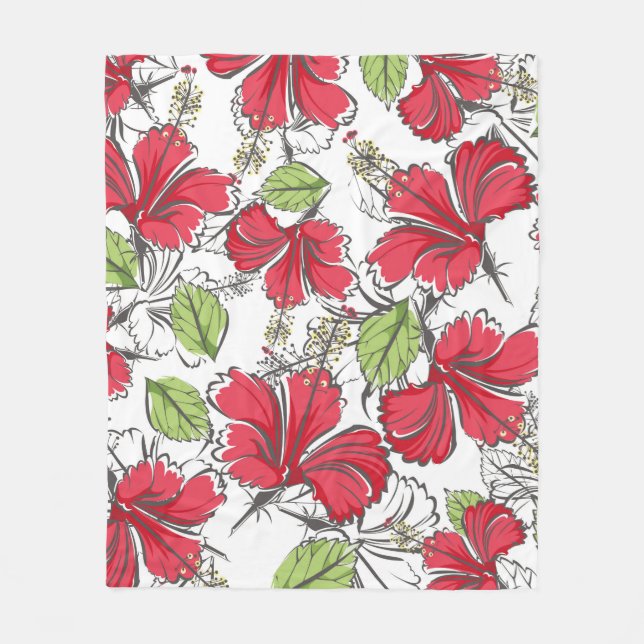 hibiscus mönster med tropiska löv och blommor  fleecefilt (Framsidan)