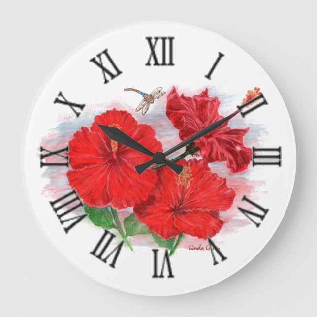 Hibiscus och Dragonfly Large Round Clock Stor Klocka (Framsida)