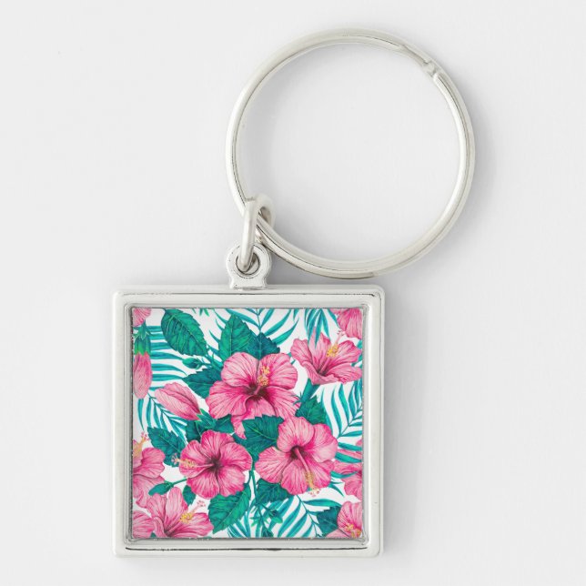 Hibiscus och handflatan löv fyrkantig silverfärgad nyckelring (Framsidan)