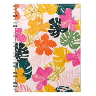 Hibiscus och monstera löv tropiska mönster desi anteckningsbok