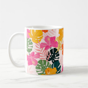 Hibiscus och monstera löv tropiska mönster desi kaffemugg