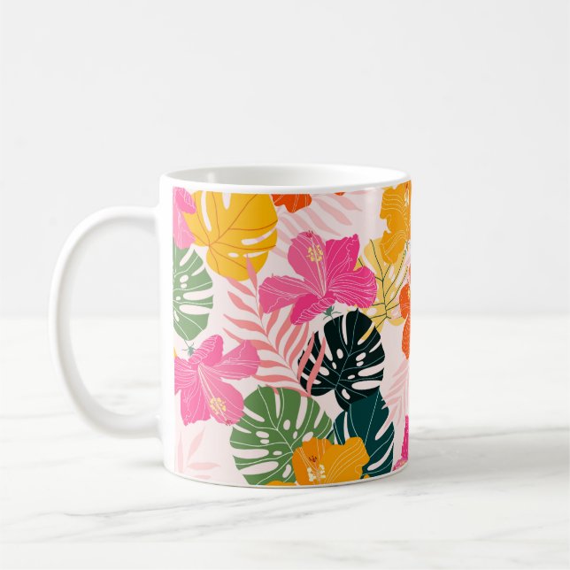 Hibiscus och monstera löv tropiska mönster desi kaffemugg (Vänster)