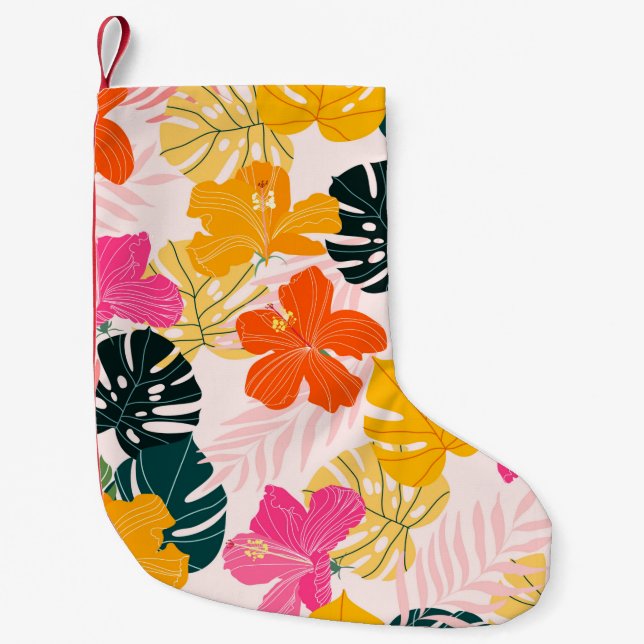 Hibiscus och monstera löv tropiska mönster desi liten julstrumpa (Framsidan)