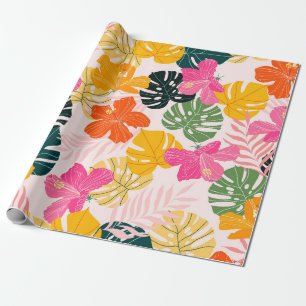 Hibiscus och monstera löv tropiska mönster desi presentpapper
