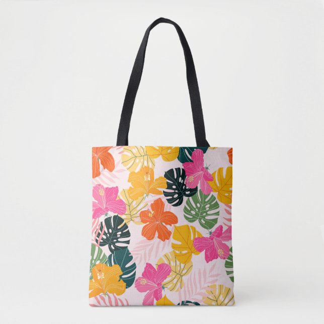 Hibiscus och monstera löv tropiska mönster desi tygkasse (Framsida)