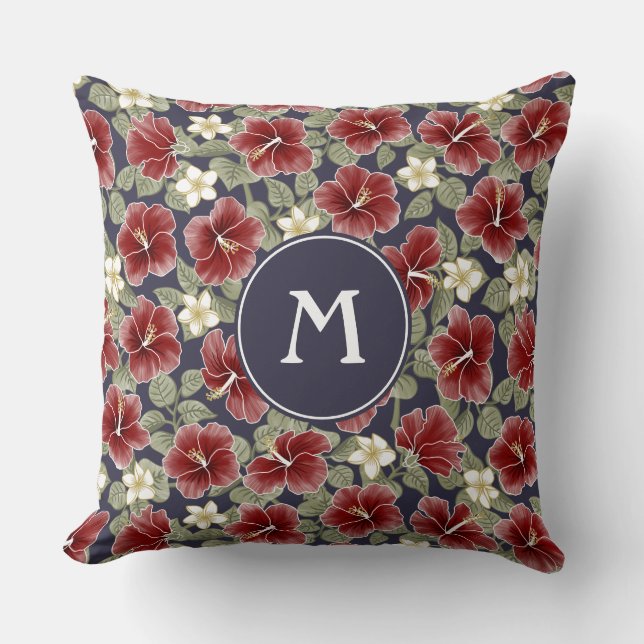 Hibiscus och Plumeria-Maroon Kudde (Framsida)