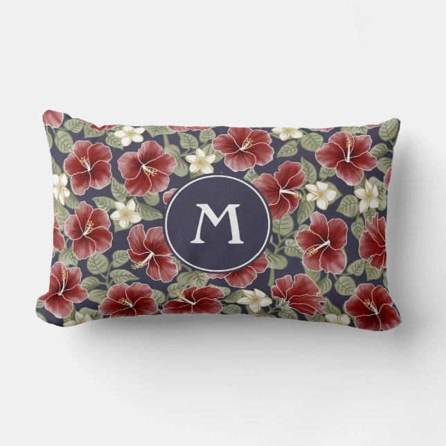 Hibiscus och Plumeria-Maroon Lumbarkudde (Framsida)