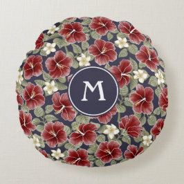 Hibiscus och Plumeria-Maroon Rund Kudde