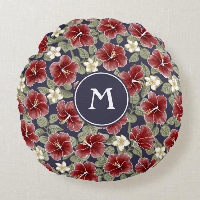Hibiscus och Plumeria-Maroon Rund Kudde (Framsidan)