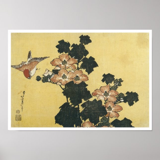 Hibiscus och Sparrow, Hokusai, 1833-34 Poster (Framsidan)