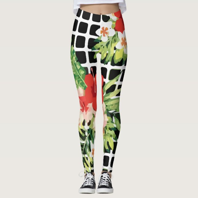 Hibiscus Palm Leaves Tropical Pattern Leggings (Framsida)