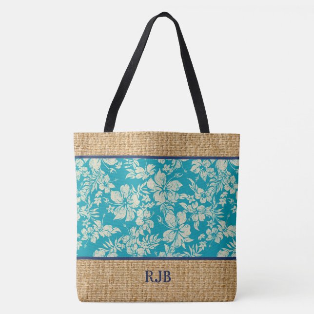 Hibiscus Pareau Hawaiiansk Monogram Strandväska Tygkasse (Framsida)