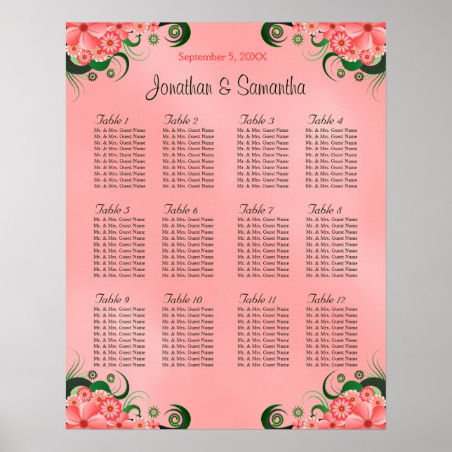Hibiscus Rosa DIY 12 Bord Bröllop, sittdiagram Poster (Framsidan)