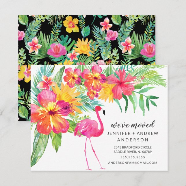 Hibiscus Rosa Flamingo Flytta Announcement Inbjudningar (Fram/baksida)