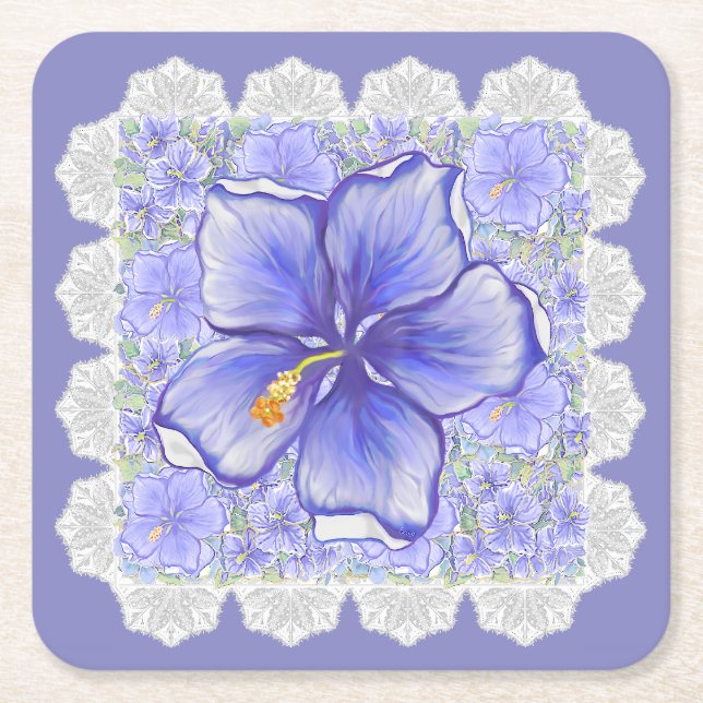 Hibiscus & snöre BLUE Underlägg Papper Kvadrat (Framsidan)