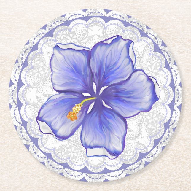 Hibiscus & snöre BLUE Underlägg Papper Rund (Framsidan)