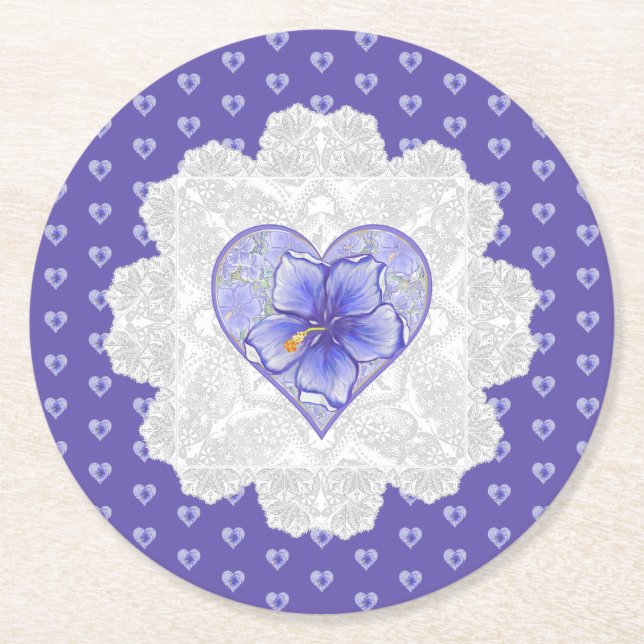 Hibiscus & snöre BLUE Underlägg Papper Rund (Framsidan)