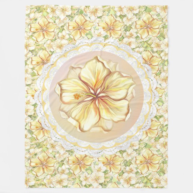 Hibiscus & snöre GULT Fleecefilt (Framsidan)