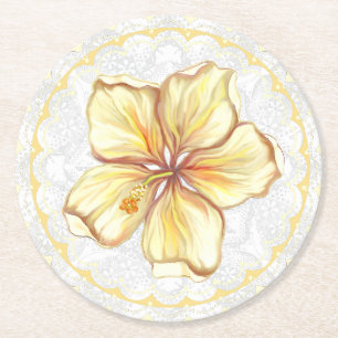 Hibiscus & snöre GULT Underlägg Papper Rund