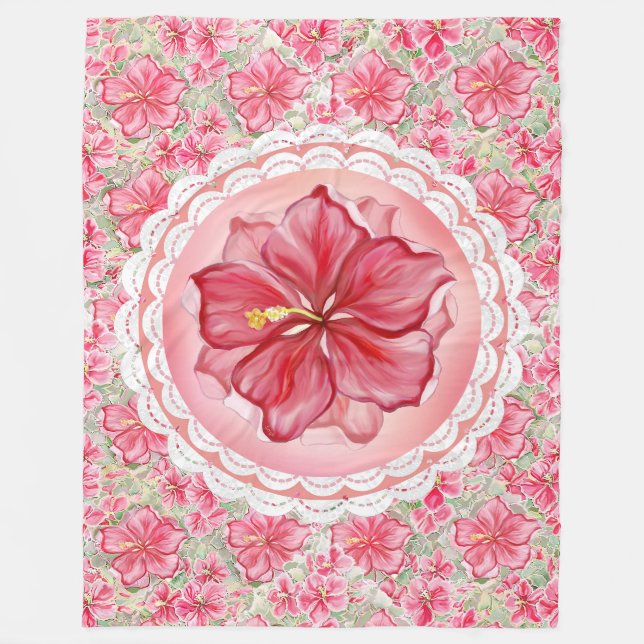 Hibiscus & snöre RED Fleecefilt (Framsidan)