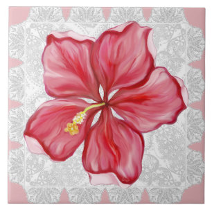 Hibiscus & snöre RED Kakelplatta