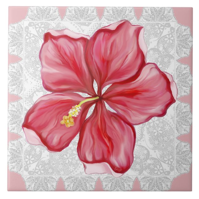 Hibiscus & snöre RED Kakelplatta (Framsidan)