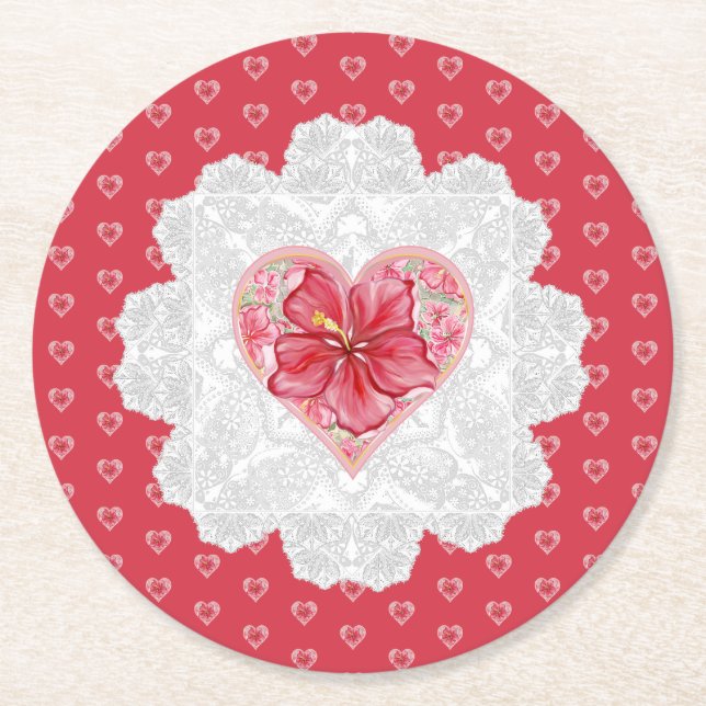 Hibiscus & snöre RED Underlägg Papper Rund (Framsidan)