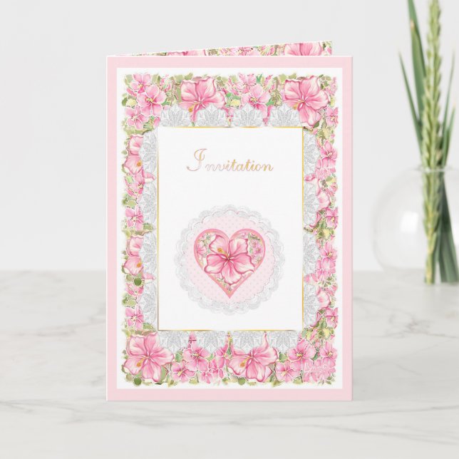 Hibiscus & snöre ROSA Inbjudan (Framsida)