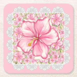 Hibiscus & snöre ROSA Underlägg Papper Kvadrat