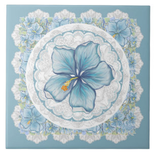 Hibiscus & snöre TURQUOISE Kakelplatta