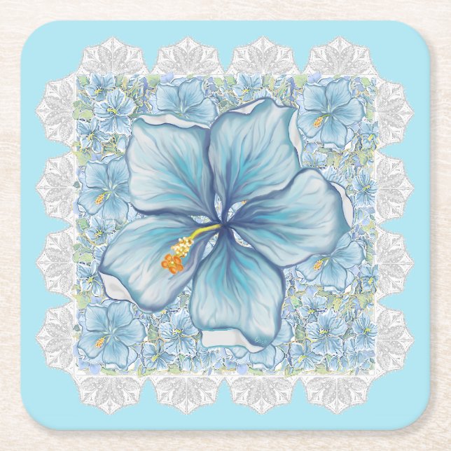 Hibiscus & snöre TURQUOISE Underlägg Papper Kvadrat (Framsidan)