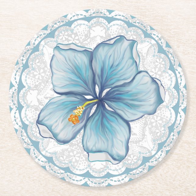 Hibiscus & snöre TURQUOISE Underlägg Papper Rund (Framsidan)