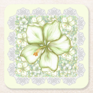 Hibiscus & snöre WHITE Underlägg Papper Kvadrat