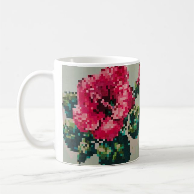 Hibiscus Soft Pastel Blommigt Pixel Art Kaffemugg (Vänster)