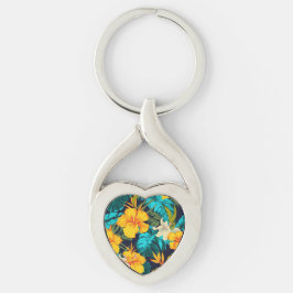 Hibiscus Sunshine-Bright, Tropical Keychain Twisted Heart Silverfärgad Nyckelring