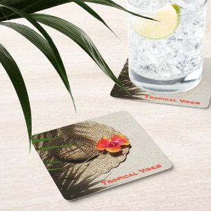 Hibiscus Tropical Vibes Straw Hat Underlägg Papper Kvadrat