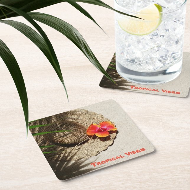 Hibiscus Tropical Vibes Straw Hat Underlägg Papper Kvadrat (Skapare uppladdad)