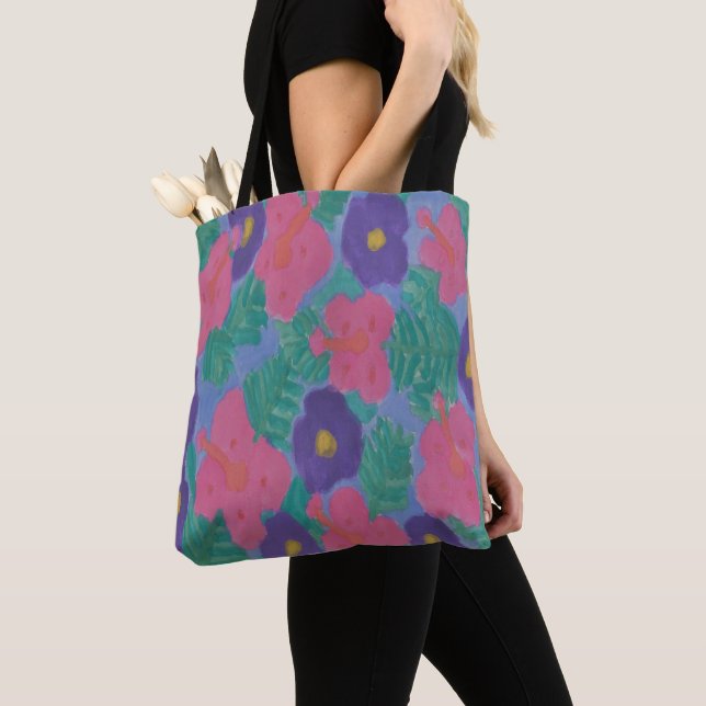 Hibiscus Watercolor Tote Bag Tygkasse (Närbild)