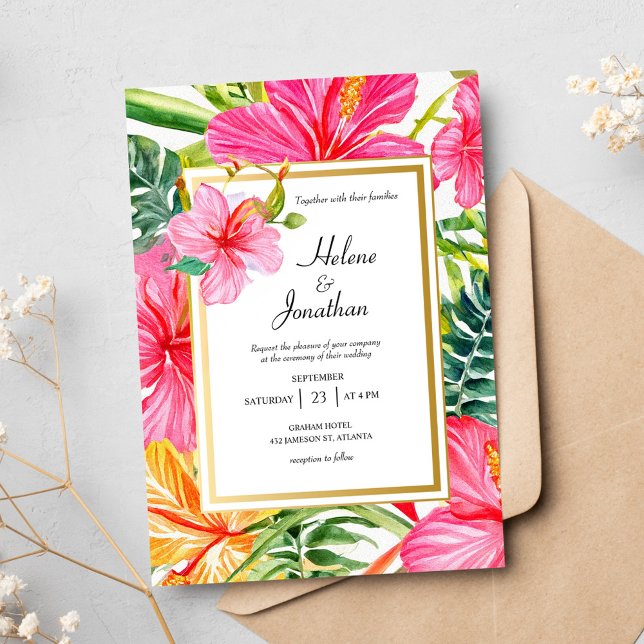 Hibiscus Watercolor Tropical Destination Wedding Inbjudningar (Hibiscus Watercolor Tropical Destination Wedding Invitation)