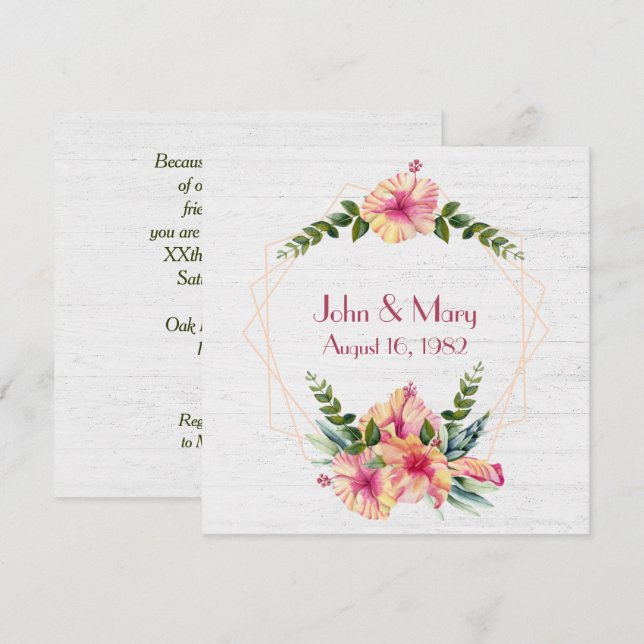 Hibiskus årsdag ram på vittrad trä inbjudningar (Fram/baksida)