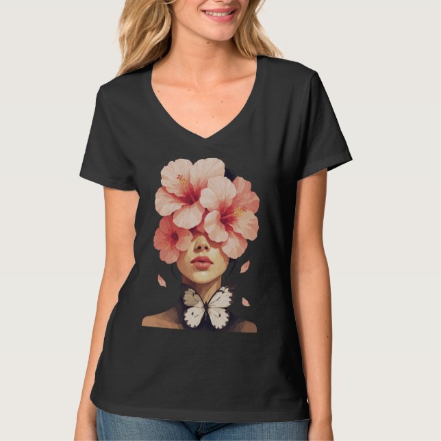 Hibiskus & Fjäril – Modern blomsterbotanik T Shirt (Framsida)
