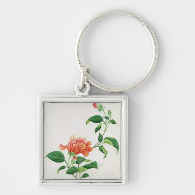 Hibiskus Fyrkantig Silverfärgad Nyckelring (Framsidan)