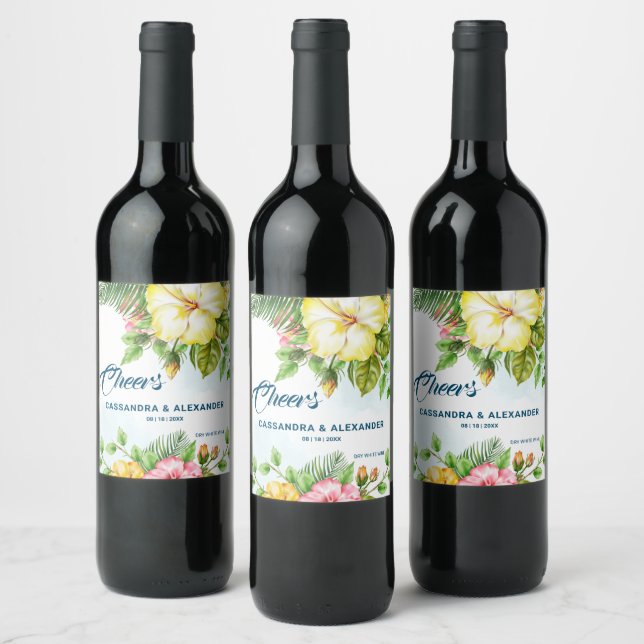 Hibiskus Hawaiianskt Tropiskt Blommigt Vinflaska Etikett (Flaskor)