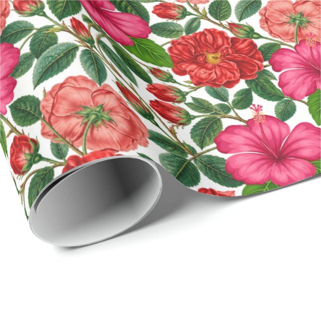 Hibiskus och ros botaniskt mönster presentpapper (Rullad Hörn)